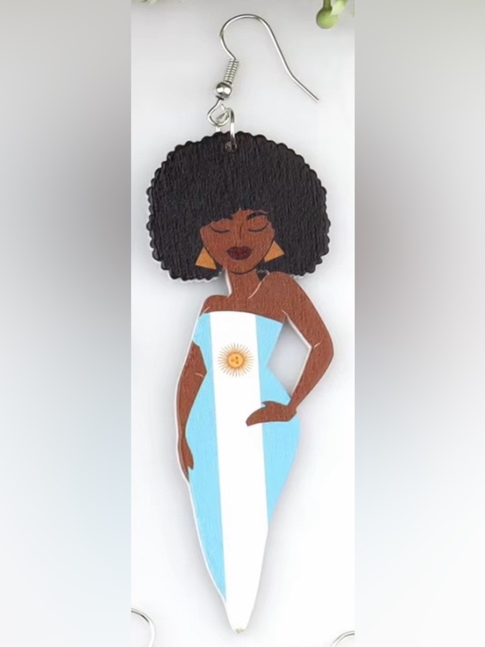 Argentina Flag Afro Wooden Dangle Earrings | Argentine Statement Earrings